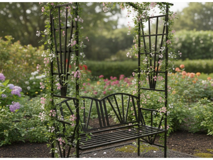 Pergola pentru gradina cu banca, suport plante cataratoare, structura otel, 114x45x208 cm, negru [3]