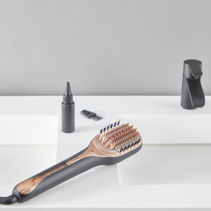 Perie de par reparatoare cu abur Rowenta Hair Therapist™ CF9940F0, 165 W, tehnologie Thermal Care, invelis Keratin, oprire automata, afisaj LED, geanta pentru transport, negru/maro [7]