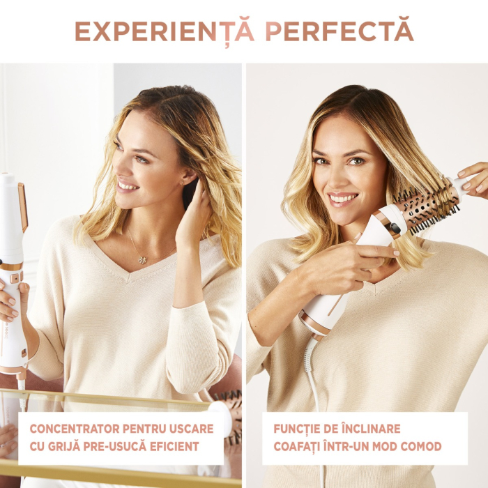 Perie rotativa cu aer cald Rowenta Brush Activ Ultimate Care CF9720F0, tehnologie Careful Heat, invelis quart ceramic, tehnologie Ionic Booster, design compact, 3 trepte de viteza, concentrator, alb [4]
