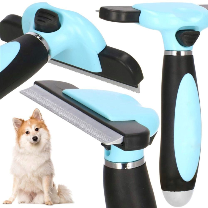 Perie trimmer pentru caini si pisici cu par lung sau scurt, autocuratare, lama 10cm, negru albastru [13]