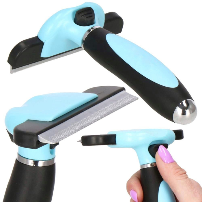 Perie trimmer pentru caini si pisici cu par lung sau scurt, autocuratare, lama 10cm, negru albastru [9]
