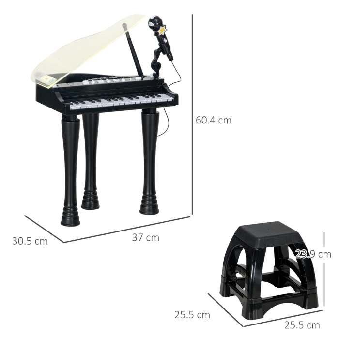 Pian pentru Copii cu Scaunel, Microfon si Muzica, 37x30.5x60.4 cm, Negru [3]