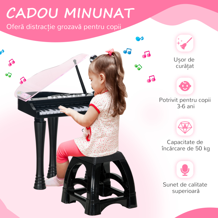  Pian pentru Copii cu Scaunel, Microfon si Muzica, 37x30.5x60.4 cm, Negru [5]