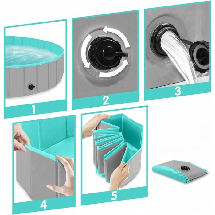Piscina pliabila caini si copii, pereti MDF si plastic, valva scurgere, pliere rapida, D160xH30 cm, albastru [4]
