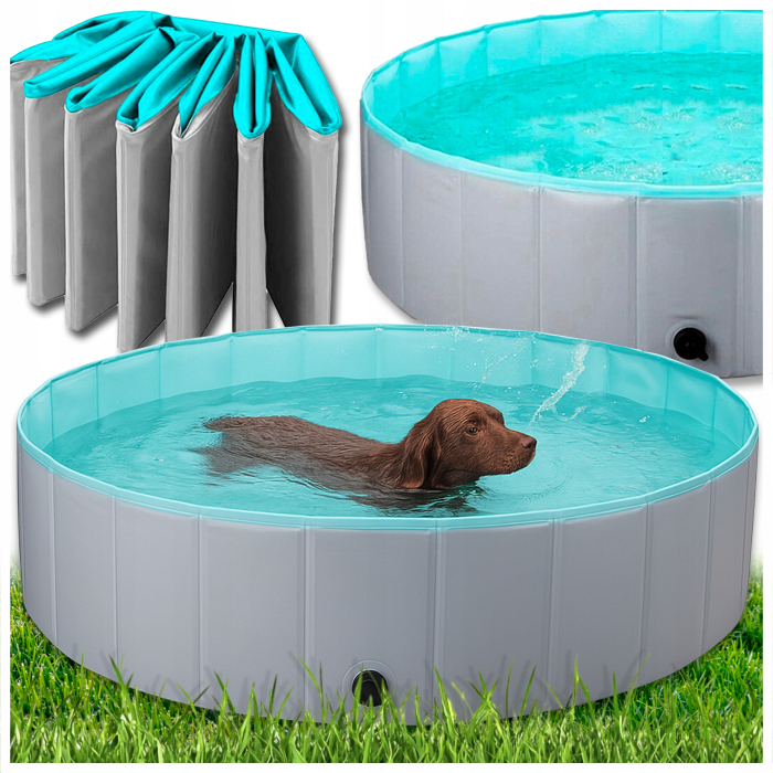 Piscina pliabila caini si copii, pereti MDF si plastic, valva scurgere, pliere rapida, D160xH30 cm, albastru [6]