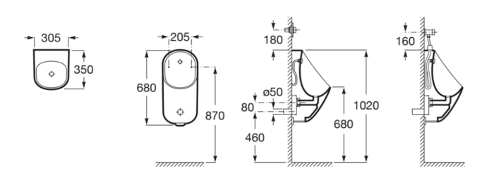 Pisoar Roca A3590J2000, Urinal Proton, montaj pe perete, tip alimentare superioara, tip evacuare orizontala, alb [2]