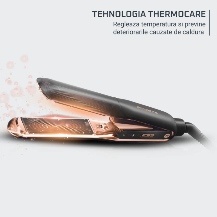 Placa de indreptat parul Rowenta Ultimate Experience SF8120F0, 5 trepte de temperatura, oprire automata, generatori de ioni, invelis ceramic cu titan, afisaj LED, tehnologie Thermocare, negru & auriu [5]