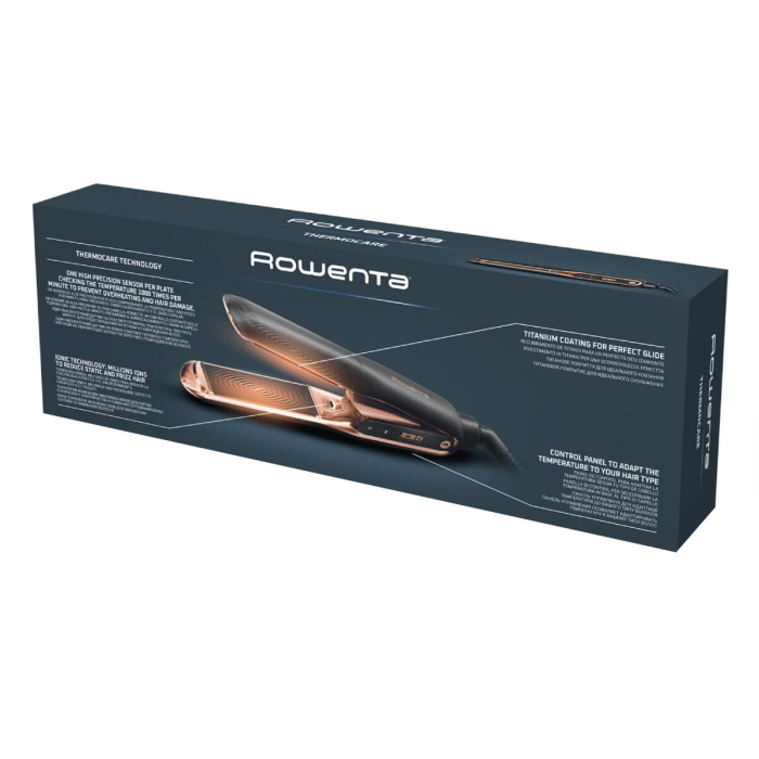 Placa de indreptat parul Rowenta Ultimate Experience SF8120F0, 5 trepte de temperatura, oprire automata, generatori de ioni, invelis ceramic cu titan, afisaj LED, tehnologie Thermocare, negru & auriu [10]