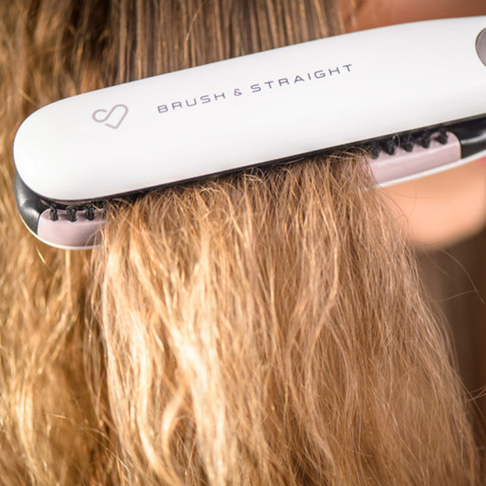 Placa de par Rowenta Brush&Straight Premium Care SF7510F0, LCD, 130 - 200 °C, perie integrata cu peri turali, placi mobile, ionizare, Cashmere Keratin, alb&mov [7]