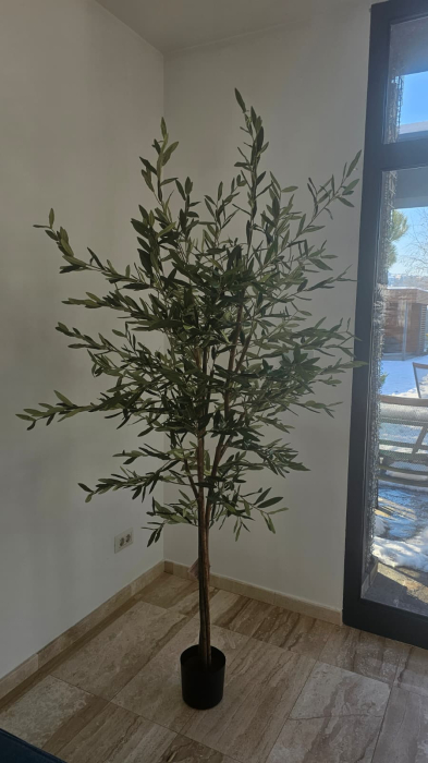 Planta artificiala maslin decorativ cu ghiveci, frunzis fin si ramuri bogate, fara intretinere, 80x80x210 cm, verde [4]