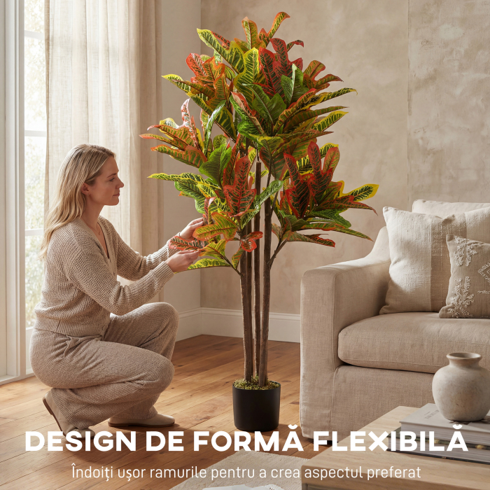  Planta Artificiala Croton cu 139 Frunze Modelabile si Ghiveci Alb din PP si Ciment, Planta Falsa din PEVA si Lemn, 55x55x120 cm, Multicolor [6]