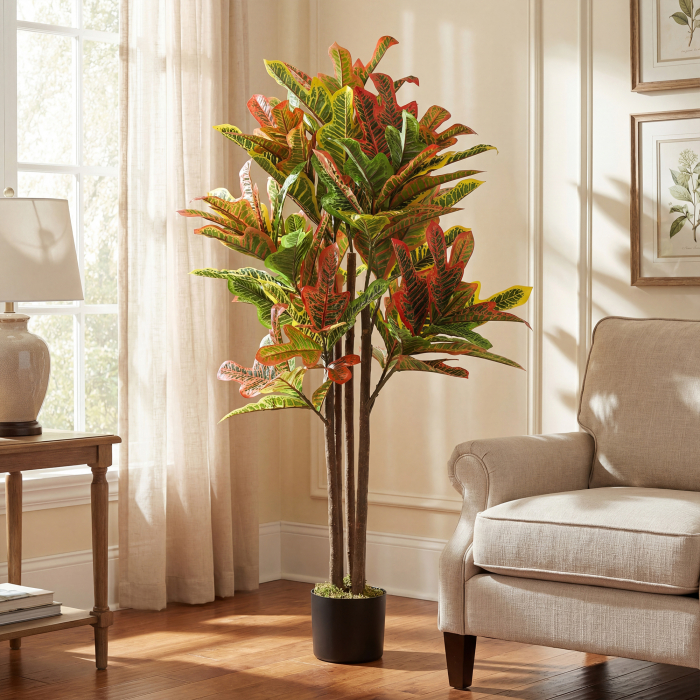  Planta Artificiala Croton cu 139 Frunze Modelabile si Ghiveci Alb din PP si Ciment, Planta Falsa din PEVA si Lemn, 55x55x120 cm, Multicolor [2]