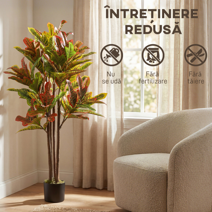  Planta Artificiala Croton cu 139 Frunze Modelabile si Ghiveci Alb din PP si Ciment, Planta Falsa din PEVA si Lemn, 55x55x120 cm, Multicolor [5]