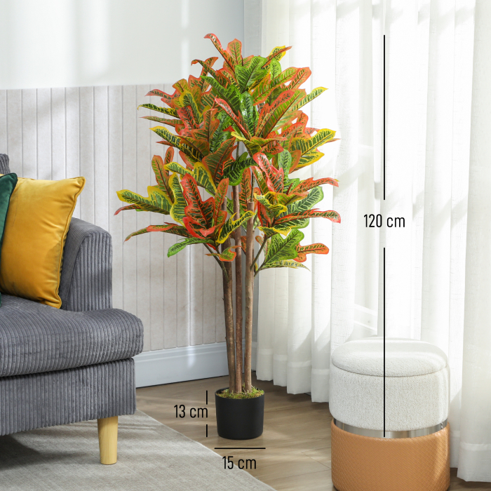  Planta Artificiala Croton cu 139 Frunze Modelabile si Ghiveci Alb din PP si Ciment, Planta Falsa din PEVA si Lemn, 55x55x120 cm, Multicolor [3]