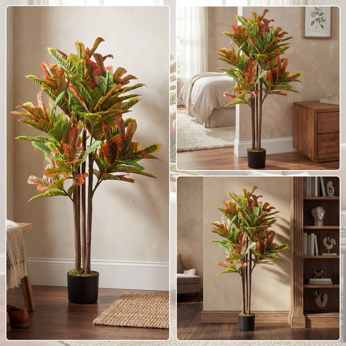  Planta Artificiala Croton cu 139 Frunze Modelabile si Ghiveci Alb din PP si Ciment, Planta Falsa din PEVA si Lemn, 55x55x120 cm, Multicolor [7]