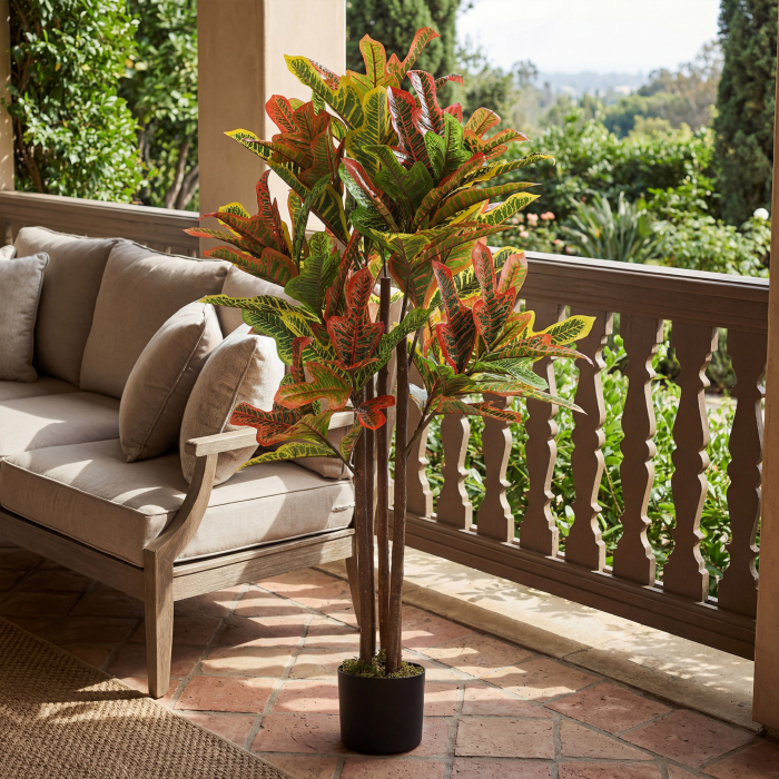  Planta Artificiala Croton cu 139 Frunze Modelabile si Ghiveci Alb din PP si Ciment, Planta Falsa din PEVA si Lemn, 55x55x120 cm, Multicolor [9]