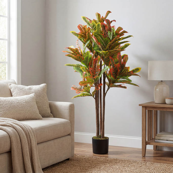  Planta Artificiala Croton cu 139 Frunze Modelabile si Ghiveci Alb din PP si Ciment, Planta Falsa din PEVA si Lemn, 55x55x120 cm, Multicolor [8]