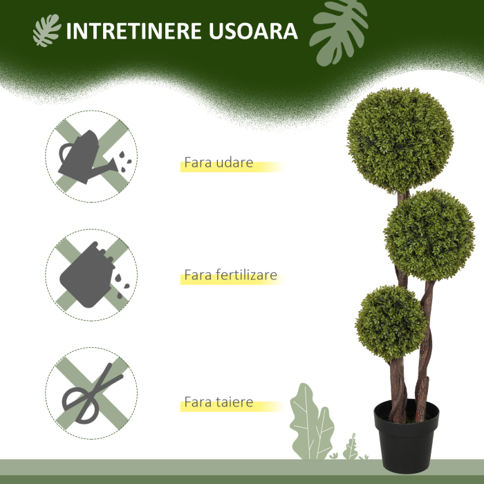  Planta Artificiala de Buxus cu 3 Sfere, Ghiveci Inclus si Baza intarita, Ø19,5x115 cm, Verde [6]