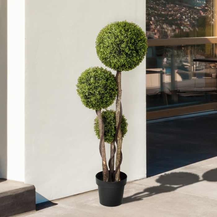  Planta Artificiala de Buxus cu 3 Sfere, Ghiveci Inclus si Baza intarita, Ø19,5x115 cm, Verde [7]