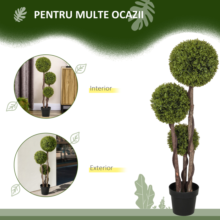  Planta Artificiala de Buxus cu 3 Sfere, Ghiveci Inclus si Baza intarita, Ø19,5x115 cm, Verde [5]