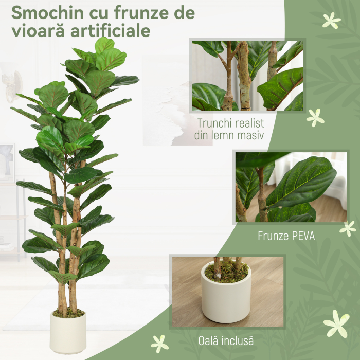  Planta Artificiala de Smochin Verde in PEVA si Lemn cu Ghiveci din PP si Baza din Ciment, 50x50x150 cm [4]