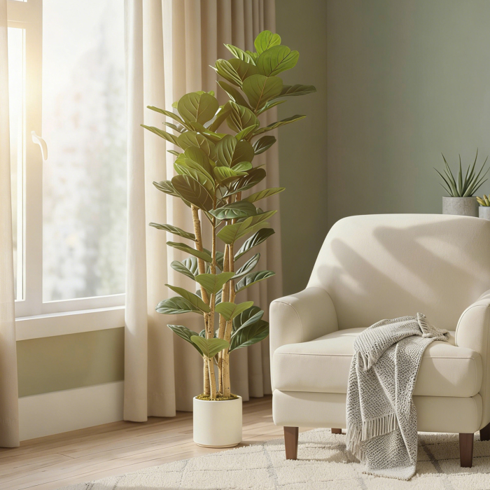  Planta Artificiala de Smochin Verde in PEVA si Lemn cu Ghiveci din PP si Baza din Ciment, 50x50x150 cm [8]