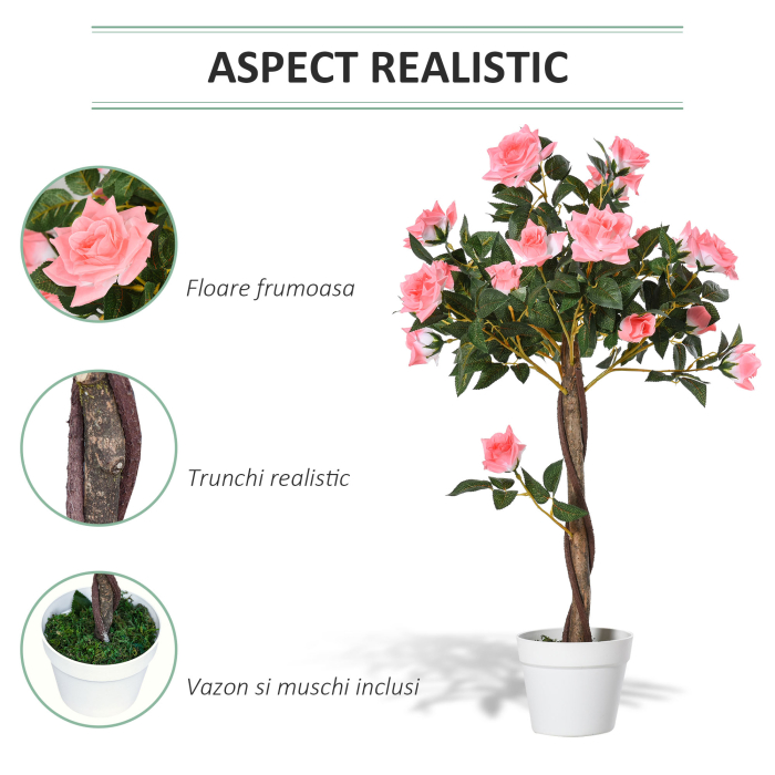  Planta Artificiala de Trandafiri cu 21 de Flori, Ghiveci Umplut cu Ciment si Muschi, Ø18x90 cm, Roz [5]