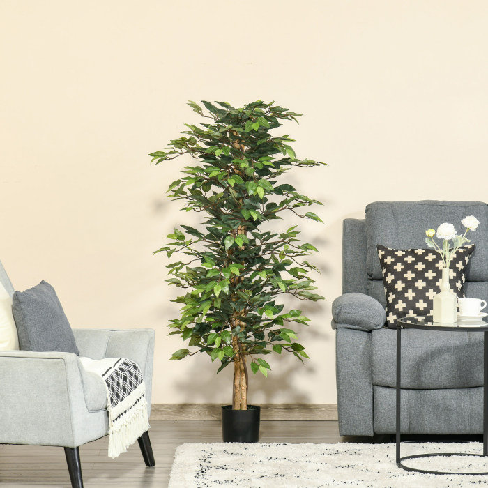  Planta Ficus Falsa, Planta inalta de 150cm, Planta Artificiala Decorativa pentru Interior si Exterior, Ø17x14.5 cm, Verde [2]