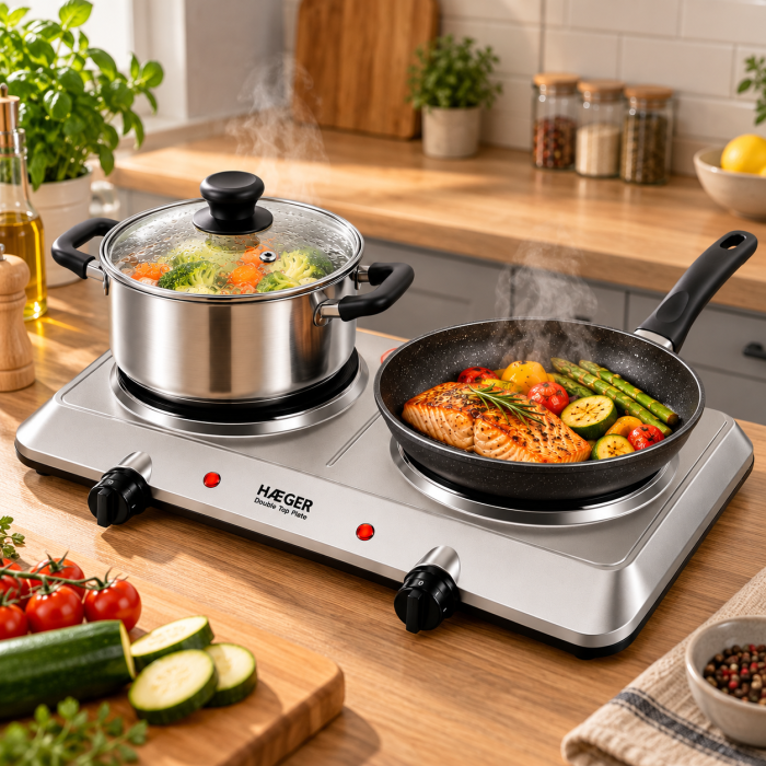 Plita electrica dubla HAEGER DOUBLE TOP DISC, 2250 W, 180 si 150 mm, 5 trepte putere, Oprire automata de siguranta, Picioare antiderapante, Inox [3]