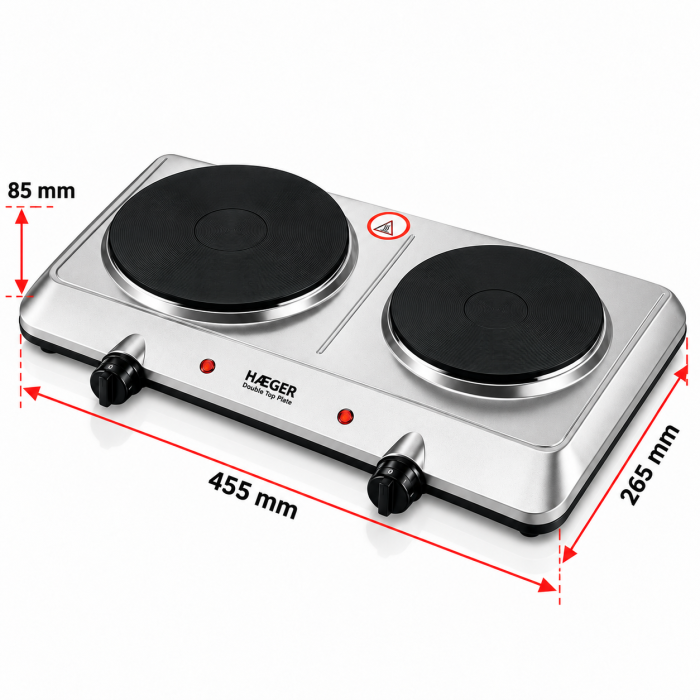 Plita electrica dubla HAEGER DOUBLE TOP DISC, 2250 W, 180 si 150 mm, 5 trepte putere, Oprire automata de siguranta, Picioare antiderapante, Inox [7]