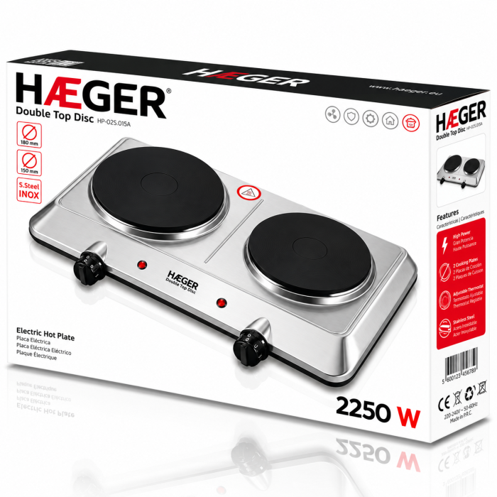 Plita electrica dubla HAEGER DOUBLE TOP DISC, 2250 W, 180 si 150 mm, 5 trepte putere, Oprire automata de siguranta, Picioare antiderapante, Inox [8]