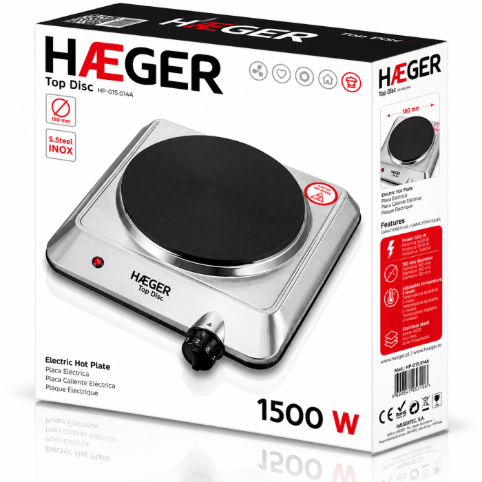 Plita electrica HAEGER TOP DISC, Putere 1500 W, Diametru 180 mm, Corp din inox, 5 trepte, Oprire automata de siguranta cu siguranta termica, Inox [3]