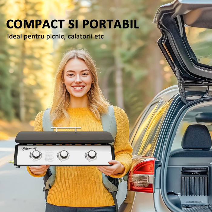  Plita pe Gaz din Otel Emailat cu 3 Arzatoare, Putere 7.5kW, 3 Zone de Gatit si Capac, Negru [7]