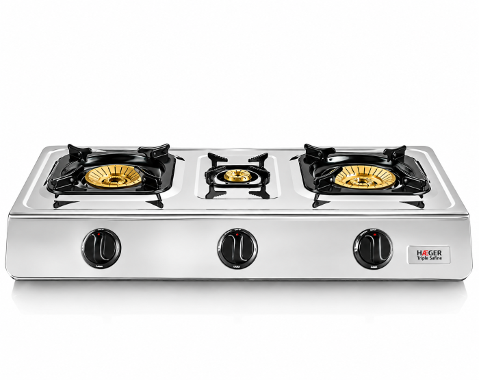 Plita pe gaz portabila HAEGER TRIPLE SAFINE, 3 arzatoare din bronz 110/90/40 mm, Corp din inox, Aprindere piezo automata, Economie energie 30%, Inox [2]