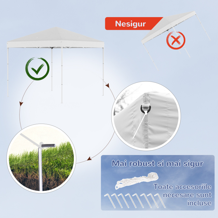  Pop Up Foisor 2,45 x 2,45 m rezistent la apa cu franghii si cuie de otel si tesatura Oxford alba [6]
