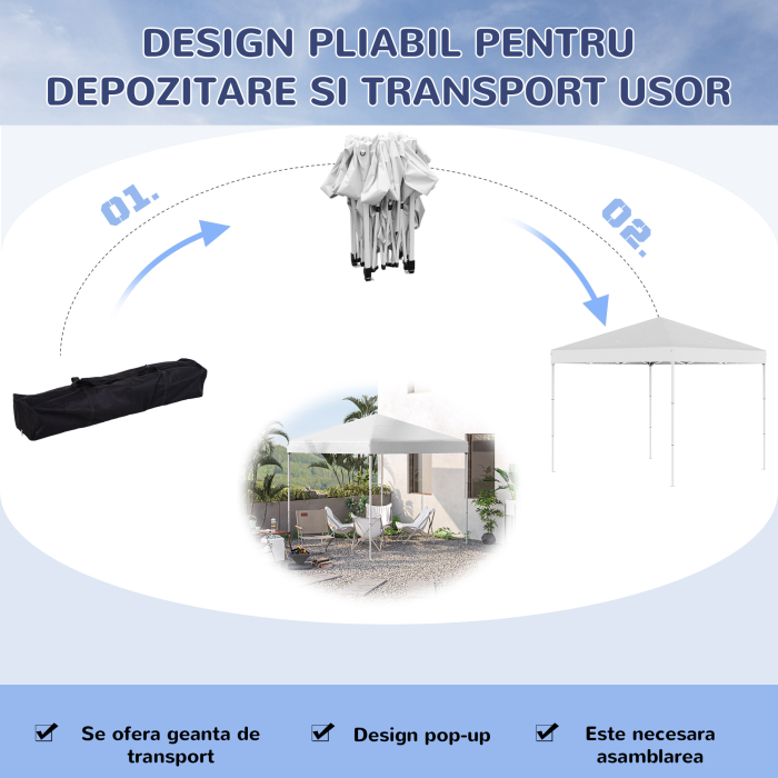  Pop Up Foisor 2,45 x 2,45 m rezistent la apa cu franghii si cuie de otel si tesatura Oxford alba [5]