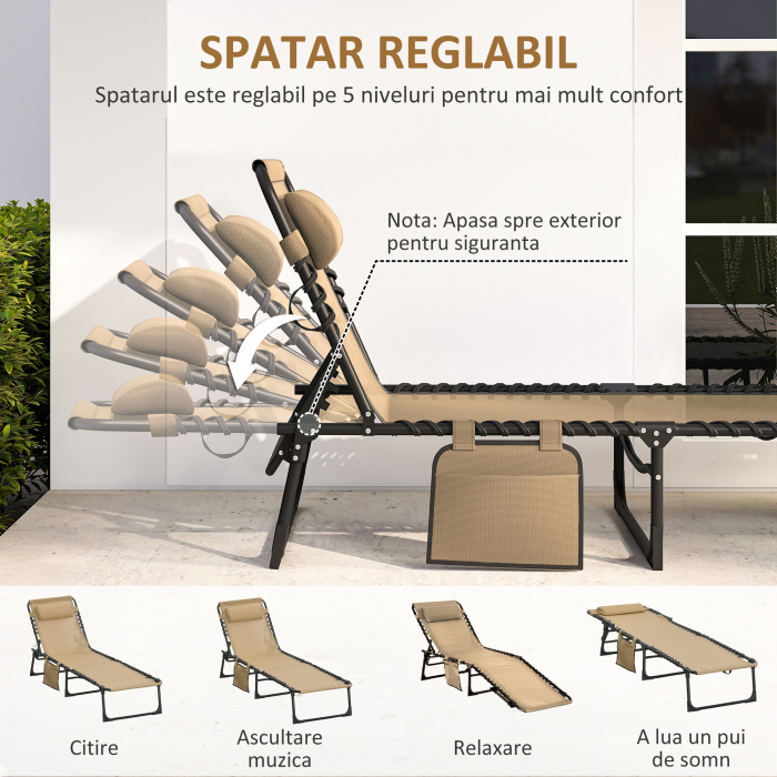  Portable Sun Lounger, Folding Camping Bed 5-position Adjustable Grey [4]