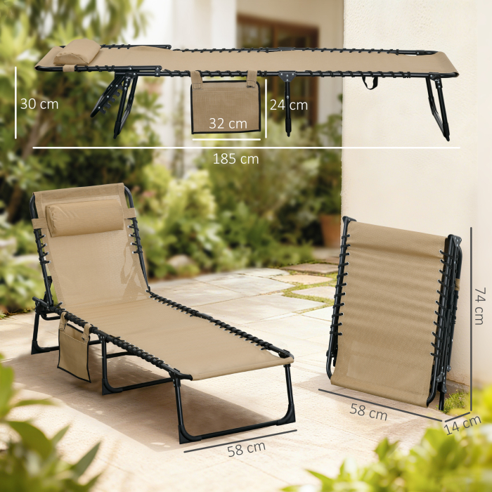  Portable Sun Lounger, Folding Camping Bed 5-position Adjustable Grey [3]