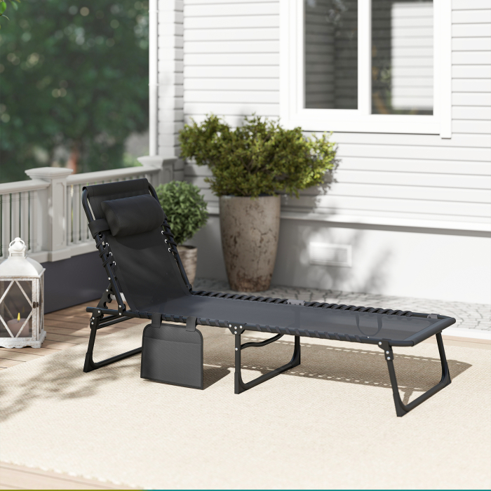  Portable Sun Lounger, Folding Chaise Recliner, 5-Position Adjustable Cot, Black [9]