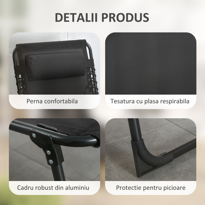  Portable Sun Lounger, Folding Chaise Recliner, 5-Position Adjustable Cot, Black [5]