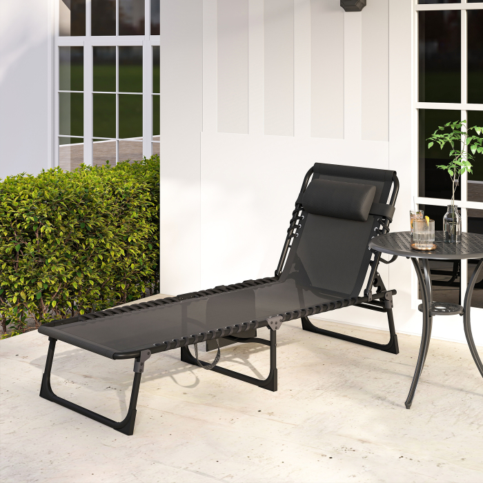  Portable Sun Lounger, Folding Chaise Recliner, 5-Position Adjustable Cot, Black [8]