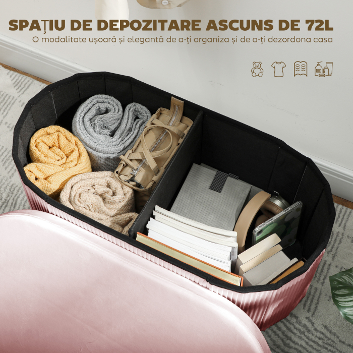  Pouf pliabil cu spatiu de depozitare modern, tapitat cu catifea, 72L, pentru living si dormitor, 76x38x35 cm, Roz [4]