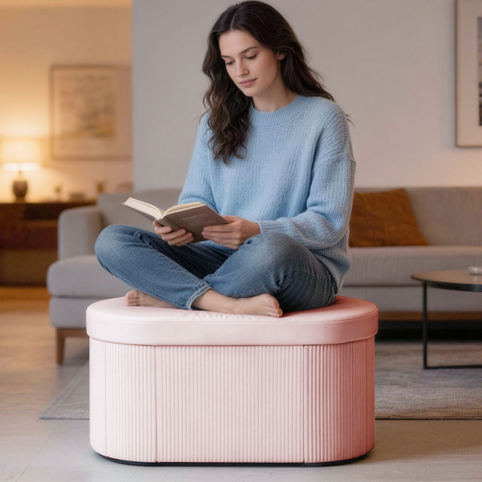  Pouf pliabil cu spatiu de depozitare modern, tapitat cu catifea, 72L, pentru living si dormitor, 76x38x35 cm, Roz [9]