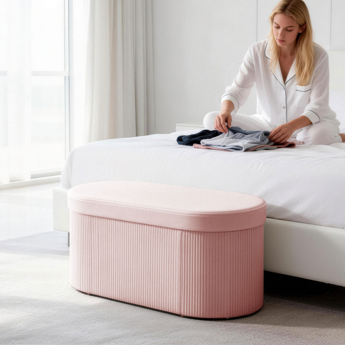  Pouf pliabil cu spatiu de depozitare modern, tapitat cu catifea, 72L, pentru living si dormitor, 76x38x35 cm, Roz [8]