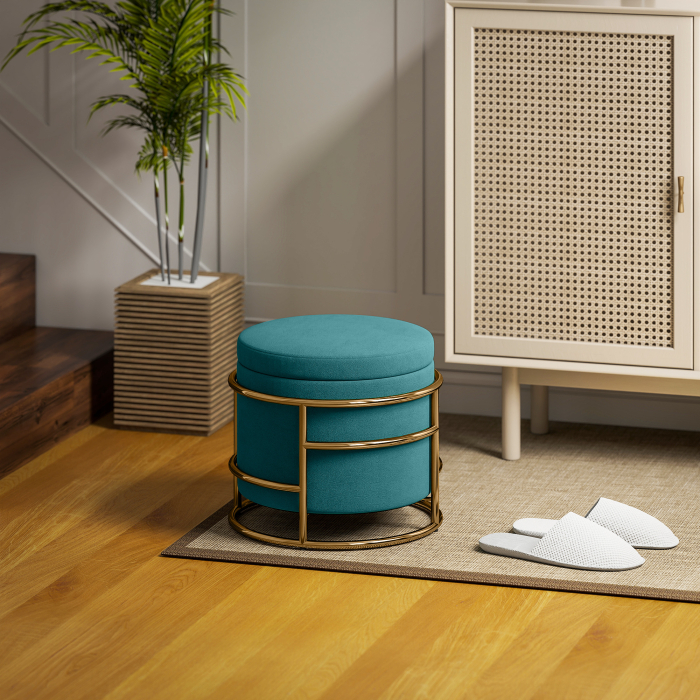 Pouf  Rotund in Catifea cu Compartiment de 24L si Capac Detasabil, Ø42x39 cm, Verde [8]