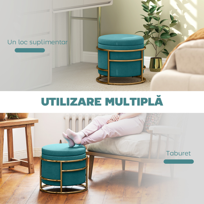 Pouf  Rotund in Catifea cu Compartiment de 24L si Capac Detasabil, Ø42x39 cm, Verde [6]