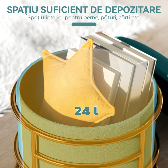 Pouf  Rotund in Catifea cu Compartiment de 24L si Capac Detasabil, Ø42x39 cm, Verde [5]