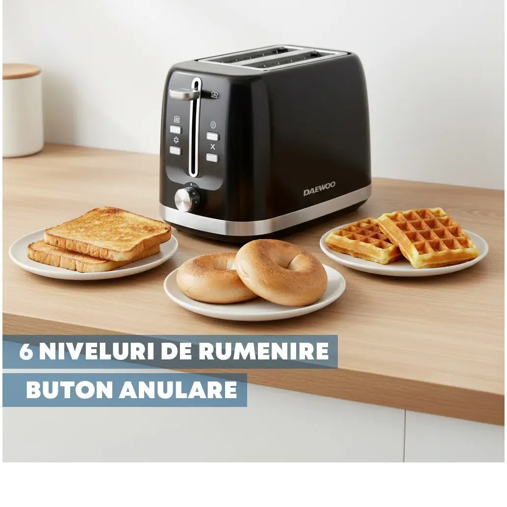 Prajitor de paine Daewoo DBT280B, 800 W, 6 trepte, 2 felii, functie decongelare, mecanic, buton anulare, Negru [2]