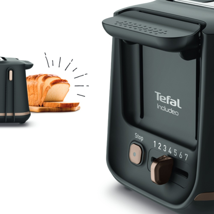 Prajitor de paine Tefal Includeo TT533811, 850W, capacitate 2 felii, 7 trepte de rumenire, buton oprire, cleste inclus, maner ridicare, negru & au [11]