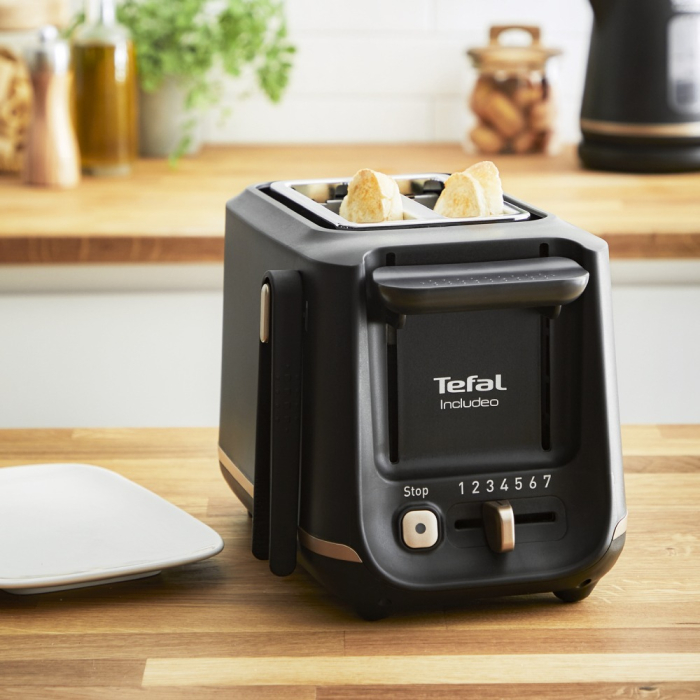 Prajitor de paine Tefal Includeo TT533811, 850W, capacitate 2 felii, 7 trepte de rumenire, buton oprire, cleste inclus, maner ridicare, negru & au [7]